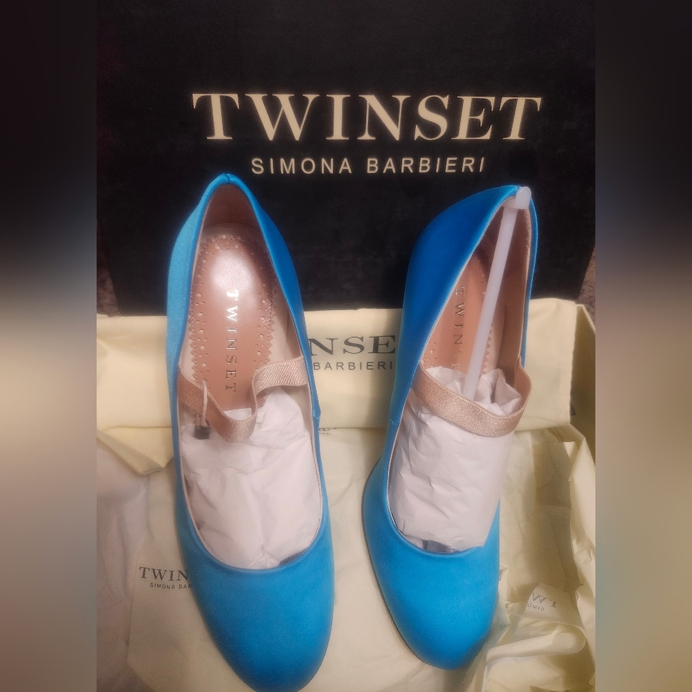 Twin-Set Blue and Light Gold Tone Strap Pump - Picture 7 of 8